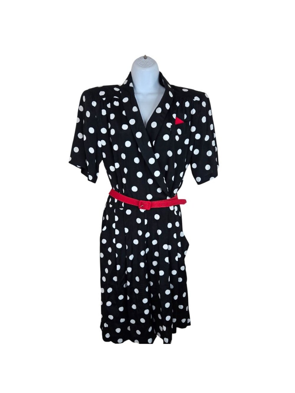 Vintage 90s Black Polka Dot Romper Red Belt Size 7/8 Rayon Short Sleeve USA Made